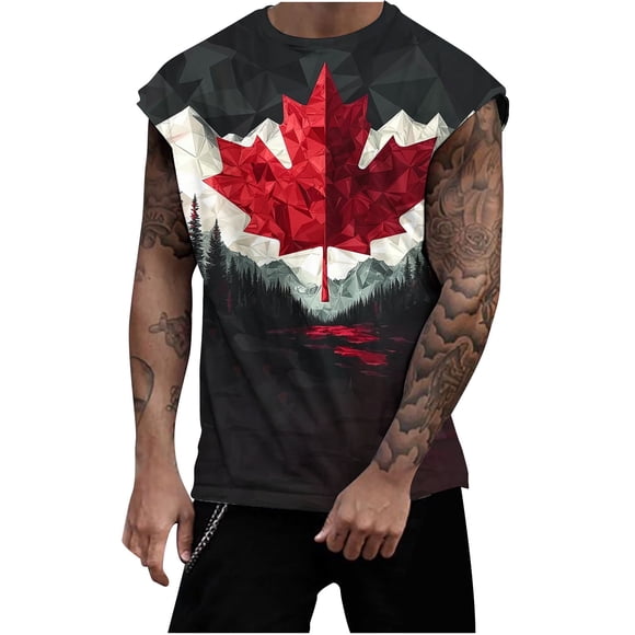 LNWUY Men's Pullover Crew Neck Sports Quick Dry Lightweight Maple Leaf Print Fitness Tank Top Casual Summer Tank Top Black XXL