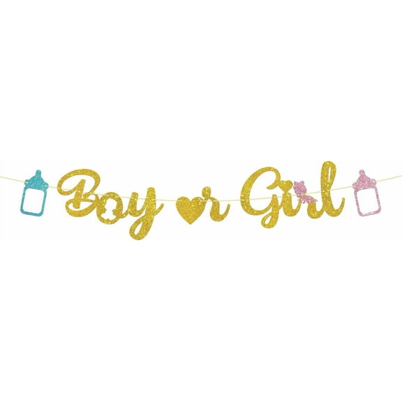 Boy or Girl Banner Gender Reveal Party Banner Supplies Pregnancy Announcement Baby Shower He or She Party Decorations Gold Glitter