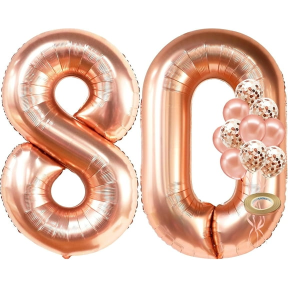 Rose Gold 80 Balloon Numbers Set - Big 32 Inch | Rose Gold 80 Balloons with Confetti Balloons | 80th Birthday Decorations for Girls | Number Balloons for Happy Anniversary Decorations Supplies
