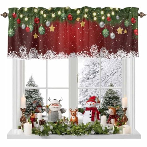 Christmas Curtain Valance for Windows Xmas Rod Pocket Valance Window Treatments White Snowflake Pine Tree Twig Red Short Curtains for Kitchen Windows Bathroom Bedroom 54x18in