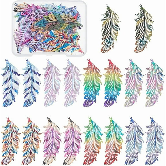 18pcs 9 Colors Feather Charms Stainless Steel Filigree Pendants Rainbow Color Metal Embellishments Filigree Wings Earring Charm for Jewelry Making DIY Bracelet Necklace Colorful