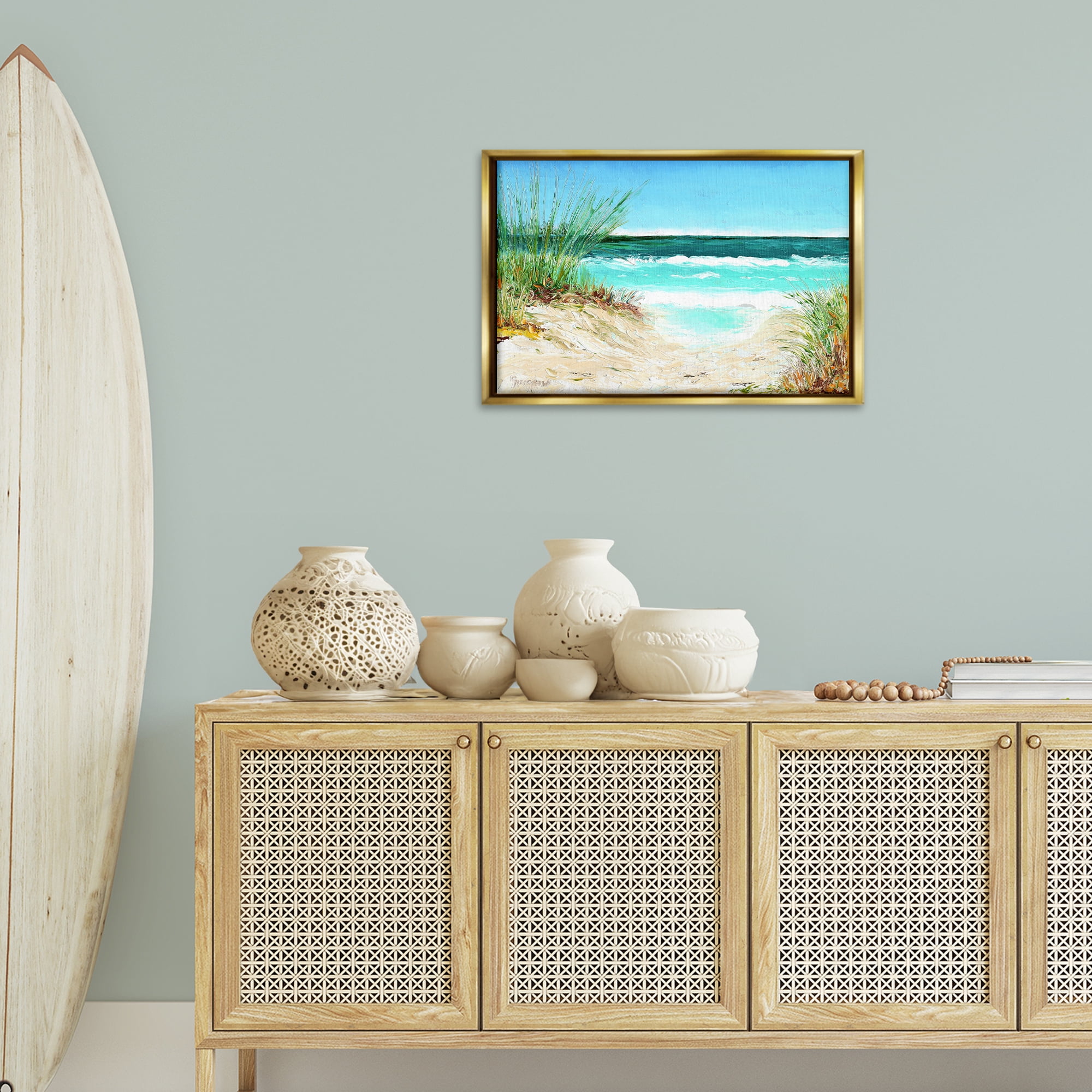 Stupell Industries Tropical Beach View Landscape & Nature Painting Gold Floater Framed Canvas Art Print Wall Art, 25 x 17