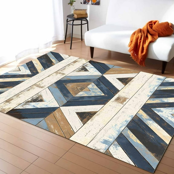 Area Rugs Indoor Non-Slip Rectangle Rug 5x7 Ft Vintage Western Aztec Geometric Strip Wood Texture Farmhouse Rug Rubber Backing Floor Mats Non Shedding Home Decor Carpet for Entryway Living Room