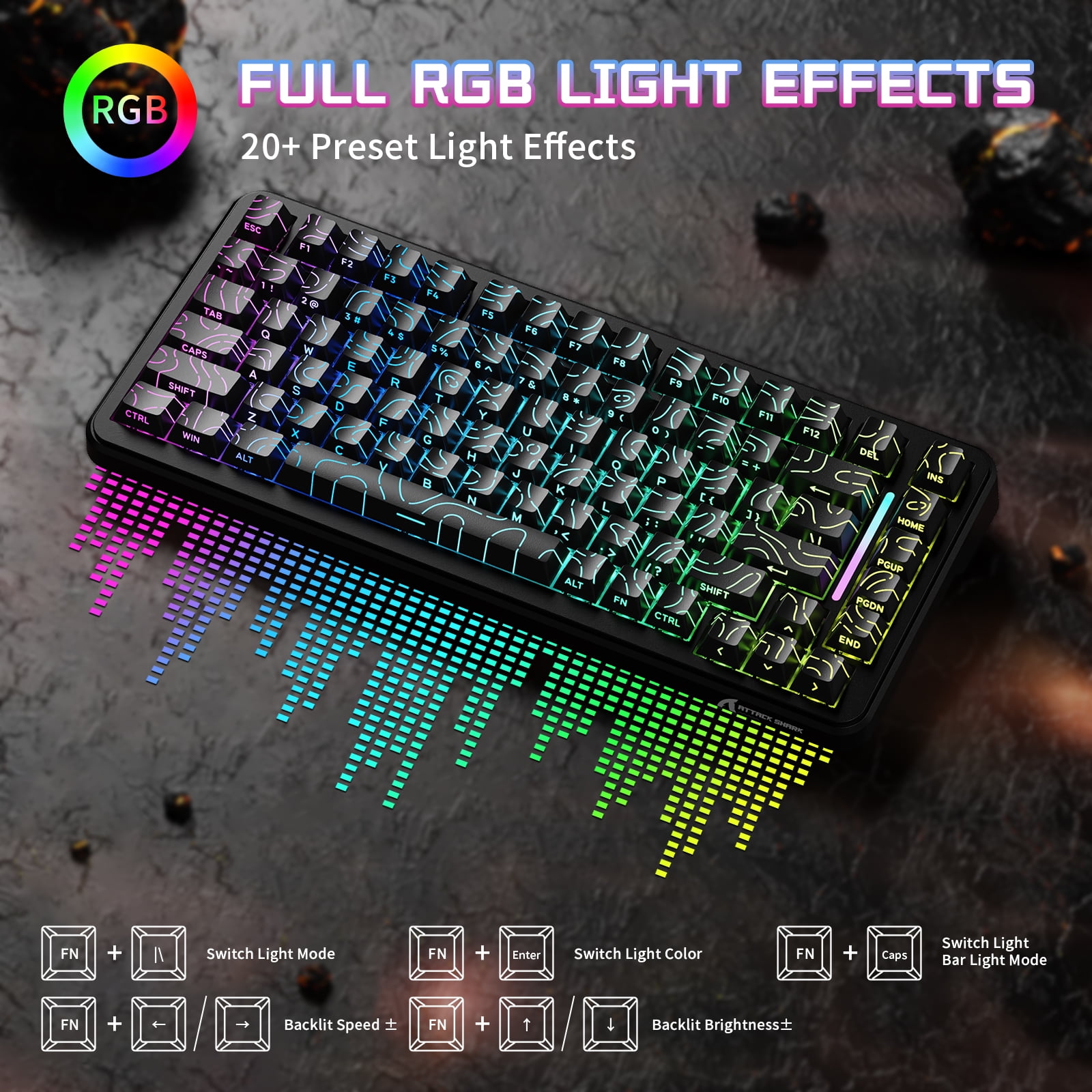 ATTACK SHARK X82PRO HE 75% Wireless Rapid Trigger Magnetic Keyboard, 8K Wired Gaming Keyboard, Hall Effect Switches Adjustable Actuation, QWERTY, RGB Backlit, C01 RGB Coiled Cable -Black