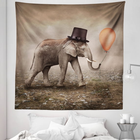 Surreal Tapestry, Illusionist Animal Black Hat Magic Balloon Dreamy Surreal Art, Fabric Wall Hanging Decor for Bedroom Living Room Dorm, 5 Sizes, Orange Black Taupe, by Ambesonne