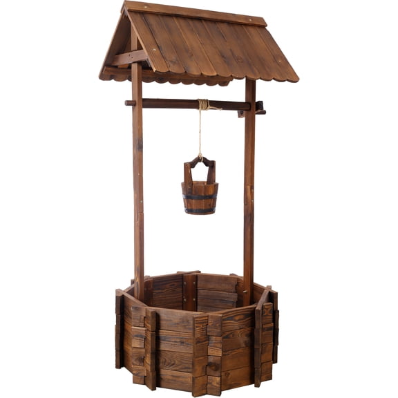Garden Pots Rustic Wooden Wishing Well Planter Outdoor Home Décor for Patio, Garden, Yard w/Hanging Bucket,Outdoor Garden Planters
