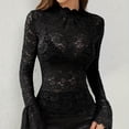 thumbnail image 2 of Women's Long Sleeve Lace Mesh Tops High Neck Sheer See Through Ruffle Blouse Sexy Floral Embroidered Going Out Top, 2 of 5