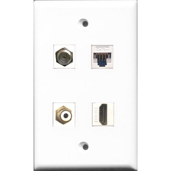 RiteAV 1 Port HDMI and 1 Port RCA White and 1 Port Coax Cable TV- F-Type and 1 Port Cat5e Ethernet White Wall Plate