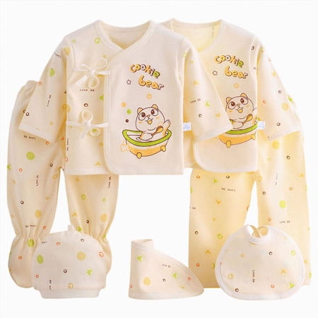 CAUYDY Newborn Girls Layette Preemie Boys Outfits Unisex Infant Sleepwear 2 Long Sleeved Shirt + 2 Pants + Hat + Bib + Bellyband 7 Pieces Soft Set Fall Sizes 0-3 Months Light Yellow