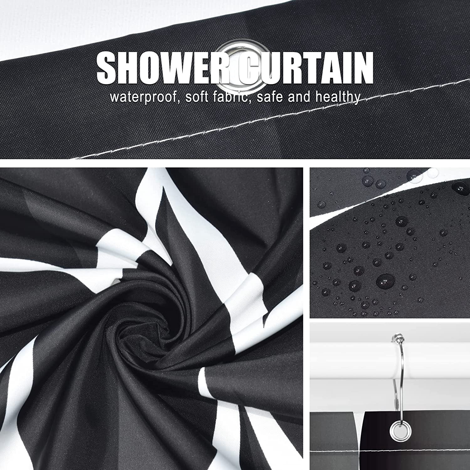 Black Fabric 72 x 72 Inch Cloth Shower Curtain, Waterproof Design and Polyester, Quick-Drying, Heavy Duty Shower Curtains Set for Bathroom, Durable and Washable with 12 Metal Hooks