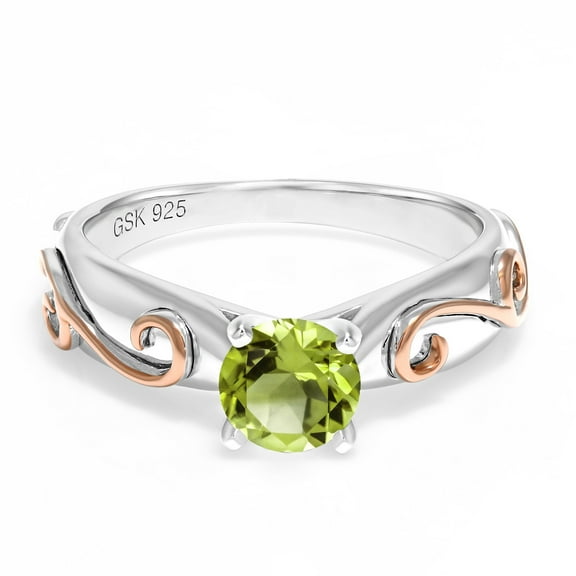 Gem Stone King 0.85 Ct Round Green Peridot 925 Sterling Silver 2 Tone Vine Ring (Size 5)