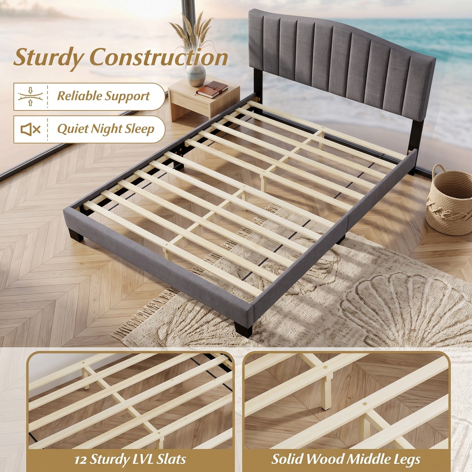 Furnibear Queen Size Bed Frame Upholstered Platform Bed with Adjustable Channel Tufted Wingback Headboard, No Box Spring Needed, Gray