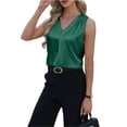 thumbnail image 5 of Women's Silk Satin Camisole Tank Tops V Neck Pleated Dressy Casual Sleeveless Blouses Summer Business Work Shirts Army Green XL, 5 of 6