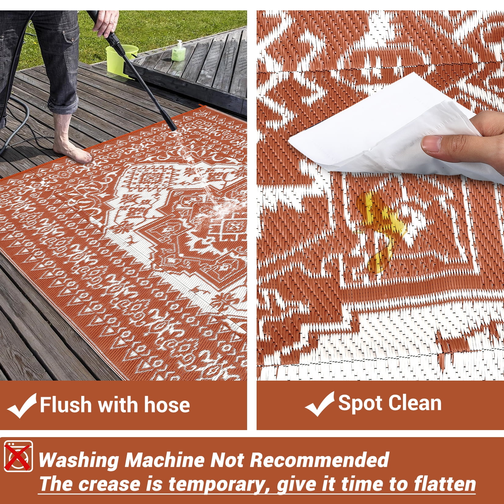 GlowSol 10x20 Outdoor Rug Waterproof Carpet Patio Rug Indoor Outdoor Area Rug Reversible Rug for Picnic Beach Deck-Outdoor, Brick Red/White