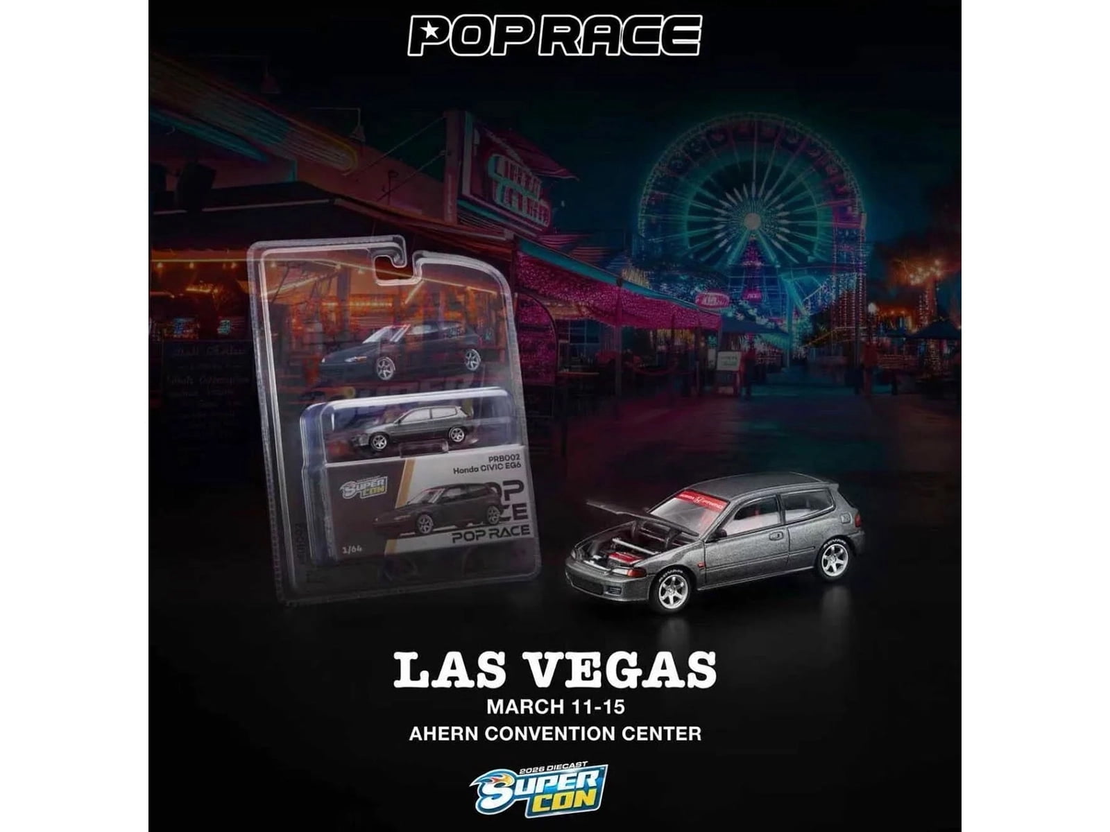 Honda Civic EG6 RHD Gray Metallic with Red Interior "2026 Diecast Super Con Las Vegas" 1/64 Diecast Model Car by Pop Race