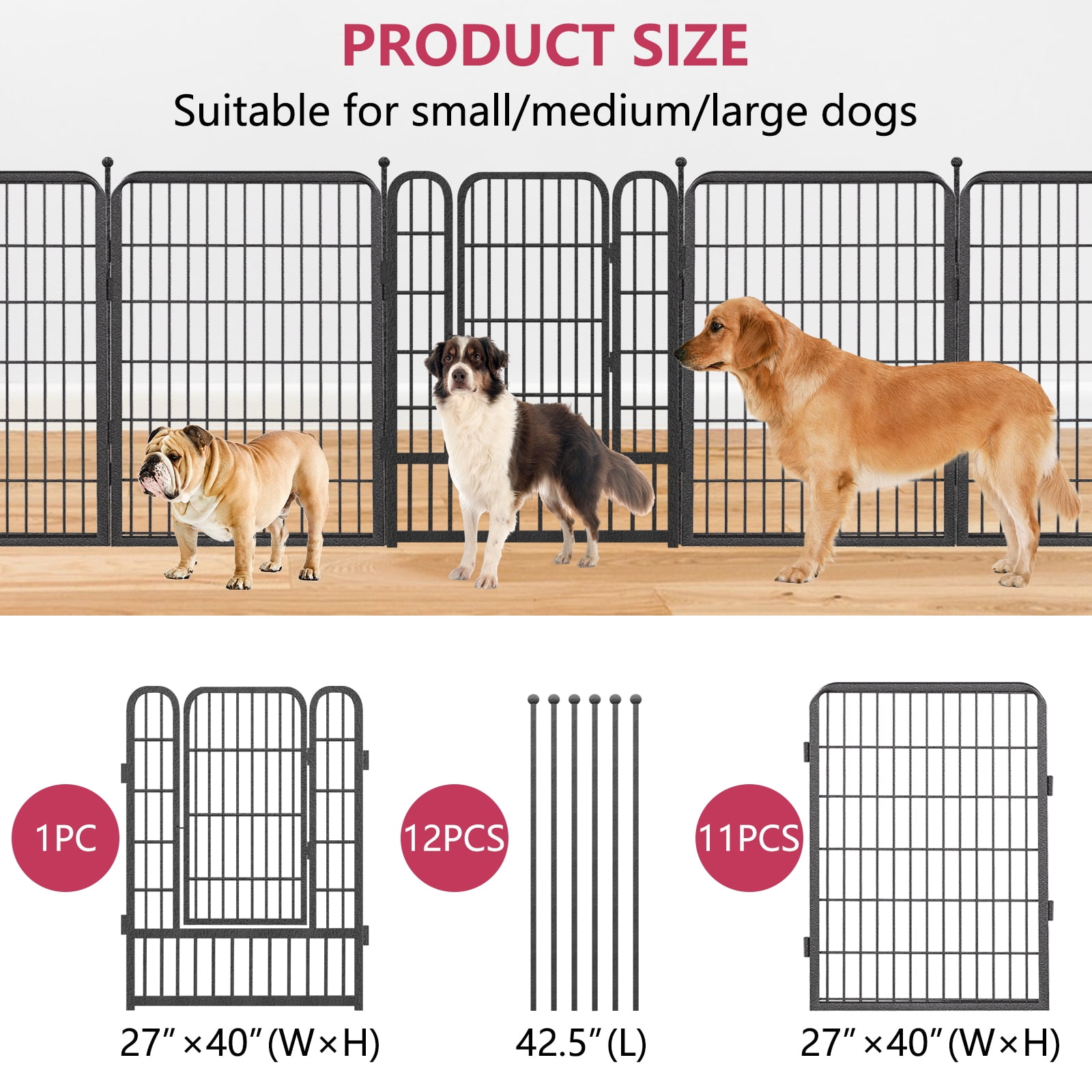 Jhsomdr Dog Playpen Dog Fence Outdoor for Yard 12 Panels 40" Height Puppy Playpen Dog Exercise Pen Indoor Pet Fence with Doors for Large/Medium/Small Dogs