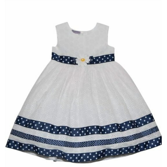 BlueBeri Boulevard Little Girls Polka-Dot Ribbon Trimmed Eyelet Dress, 6