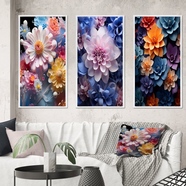 Designart "Pink Yellow modern Still Lifes" Abstract Framed Wall Art Set Of 3 - Pink Still Lifes Frame Canvas Set For Living Room Decor