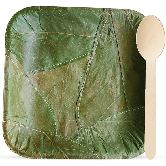 Palash-Sal leaf Single use Plate | Party, Festival, wedding, BBQ Disposable supply | 7" Square Plate Spoon (50 ea.) | Combination Pack 100