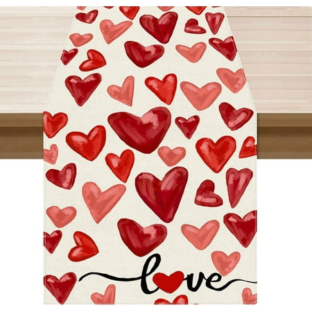 

Valentines Day Watercolor Red Love Hearts Cloth Table Runner Burlap Table Decoration for Home Kitchen Dining Dinner Indoor Holiday Farmhouse Decor 13x36 Inch