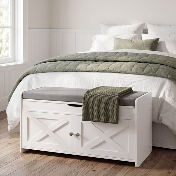 2-Tier Shoe Storage Bench with Cushioned Seat,Adjustable Shelves & Barn Doors,300 lbs Capacity for Entryway,Bedroom,Living Room – 31.5" x 15" x 18",White
