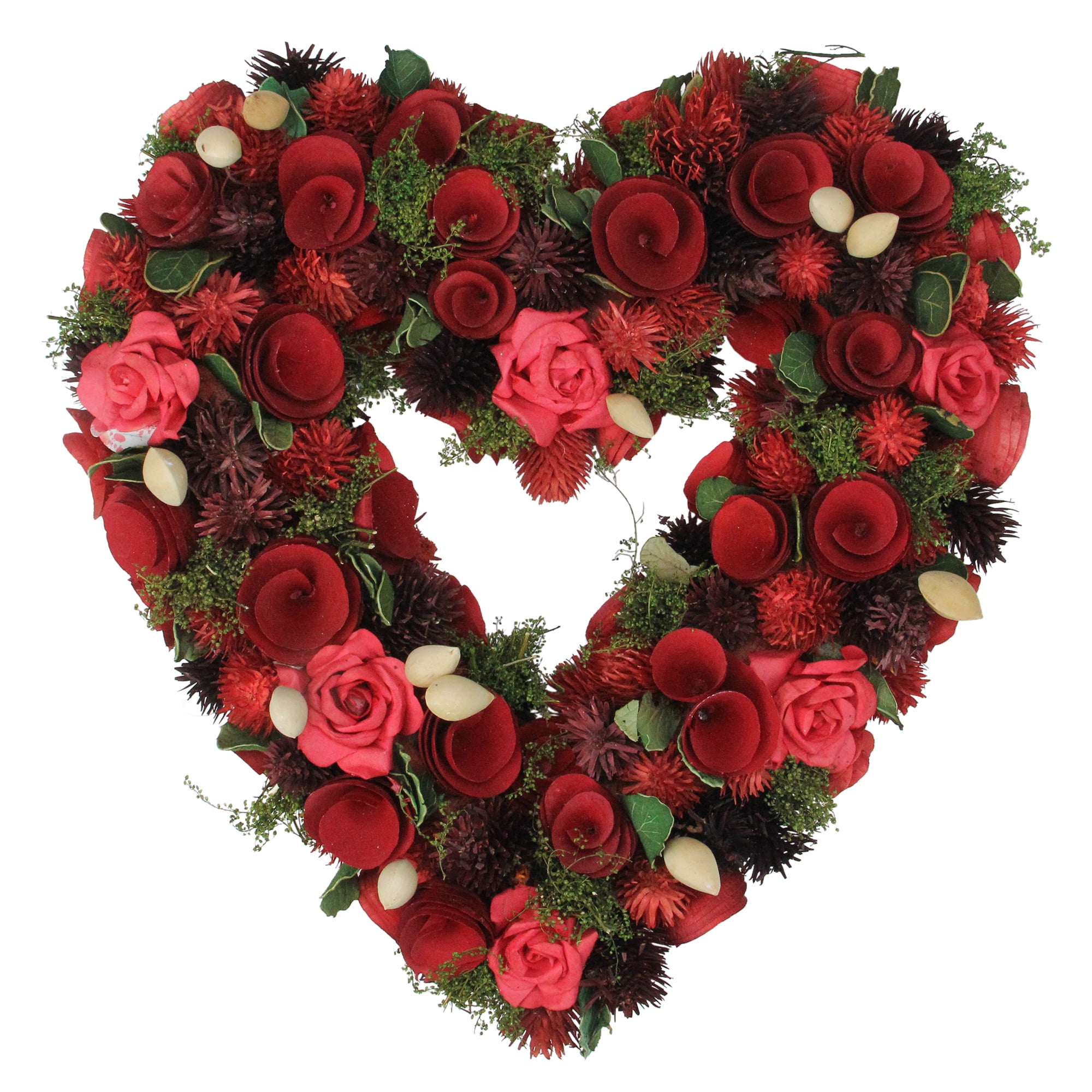 137 Red Rose Heart Shaped Floral Artificial Valentines Day Wreath Unlit 7672