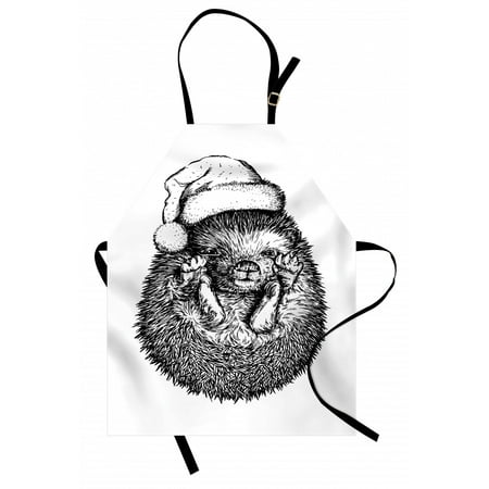 

Hedgehog Apron Monochrome Hedgehog with Winter Attire Funny Hat Animal Fauna Image Print Unisex Kitchen Bib with Adjustable Neck for Cooking Gardening Adult Size Black White by Ambesonne