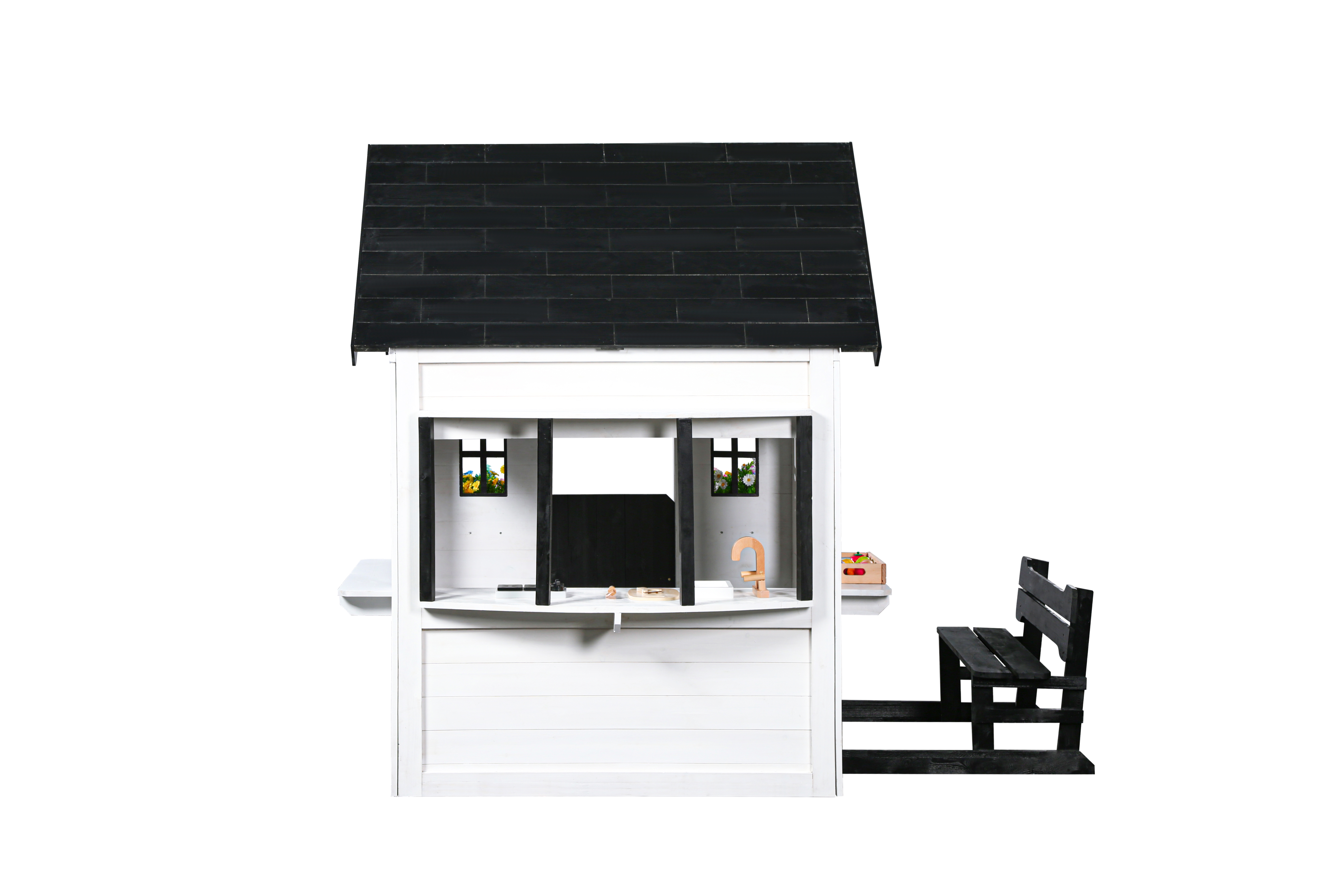 2MamaBees Oceano Playhouse | White & Black Farmhouse Design with Kitchen and Garden