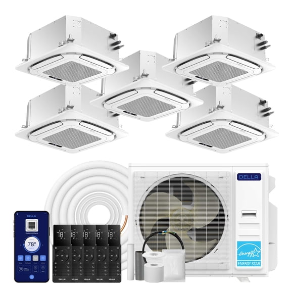 DELLA 42,000 BTU 5 Zone (9K 9K 9K 12K 18K) Ceiling Cassette Mini Split AC, Ultra Heat -13℉, 360° Airflow,Covers 1260 Sq.Ft,Energy Star,22 SEER2 208-230V,Work with Alexa,Pre-Charged Heat Pump,25ft Kit