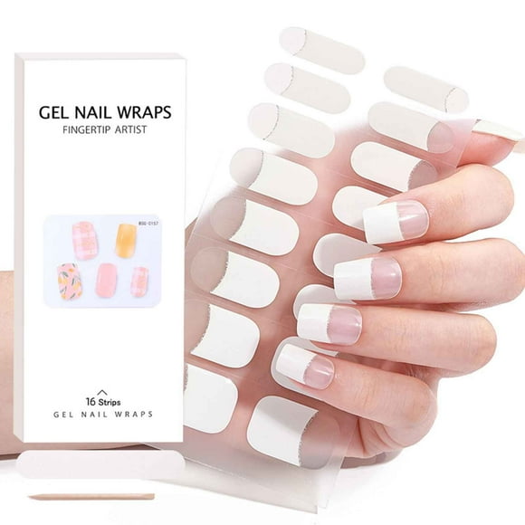 Semi Cured Gel Nail Strips French Tip 20 Pcs White Tips Clear Base Gel Nail Stickers Kit Works Gel Nail Wraps Salon & Easy To Use