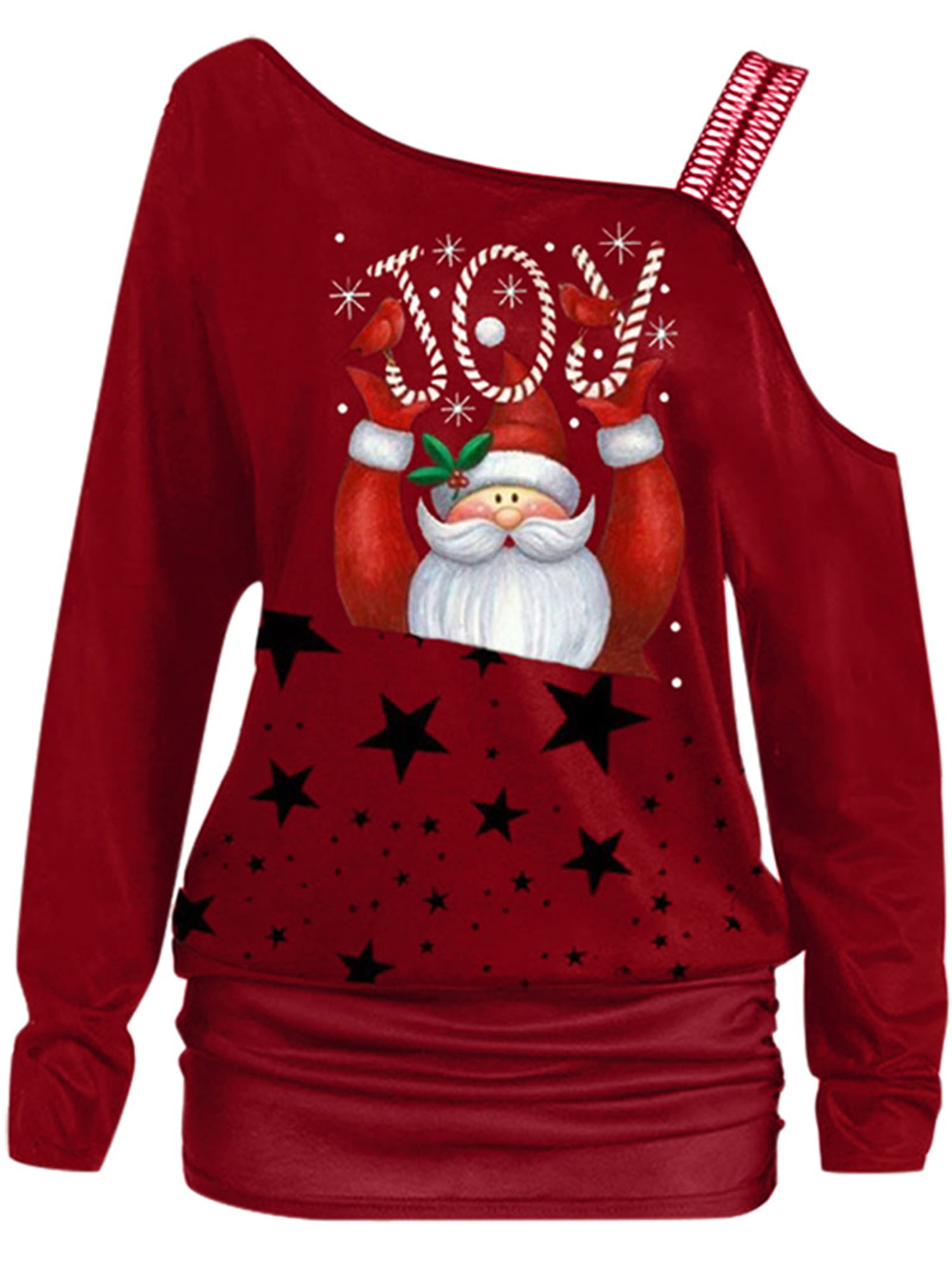 Wodstyle - Women's Christmas Cold Shoulder Santa Claus T Shirts Blouse ...