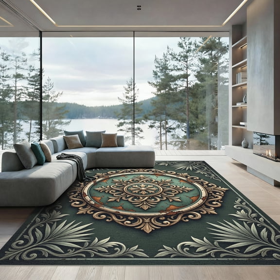 ODIKA 6' x 9' Machine Washable Non-Slip Area Rug, antique floral High Traffic Rug, Green, 1296835