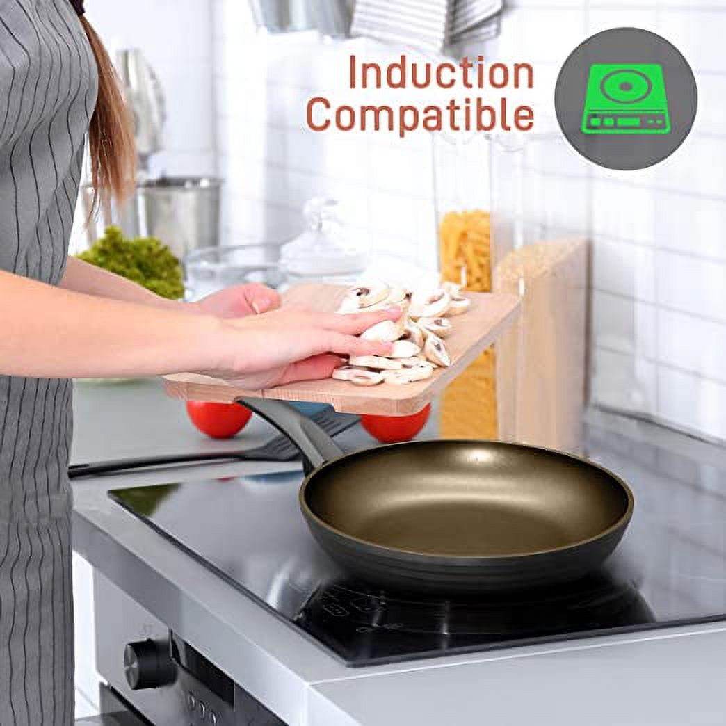 NutriChef 9.5'' Medium Fry Pan - Non-Stick Stylish Kitchen Cookware with Metallic Ridge-Line Pattern