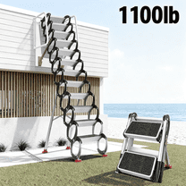 12FT Wall Mounted Attic Ladder Pull Down System, 12 Steps Al-Mg Alloy Loft Ladder Pull Down Attic Stairs, 1100LBS Capacity Foldable Loft Stairs with Armrests, Black