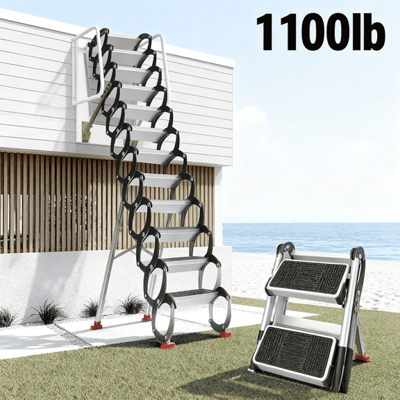 12FT Wall Mounted Attic Ladder Pull Down System, 12 Steps Al-Mg Alloy Loft Ladder Pull Down Attic Stairs, 1100LBS Capacity Foldable Loft Stairs with Armrests, Black