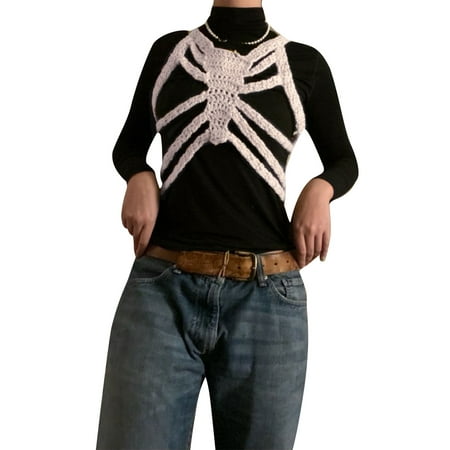 

Women Gothic Skeleton Bones Knitted Crop Top Hollow Out Tank Cami Corset Crop Tops E-Girl Harajuku Grunge Vest