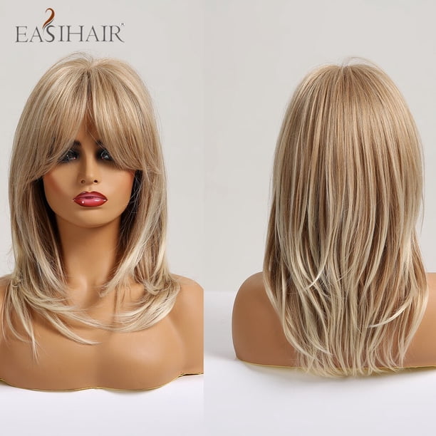 EASIHAIR, pelucas cortas y rectas de Bob con flequillo, pelo sintético Natural marrón dorado para mujeres, pelucas de fibra resistentes al calor para Cosplay diario Tan Jianjun unisex