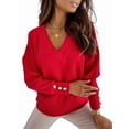thumbnail image 2 of Womens Long Sleeve V Neck Sweater Casual Loose Chunky Knit Fall Sweater Pullover Shirts Top for Women Red XXL, 2 of 6