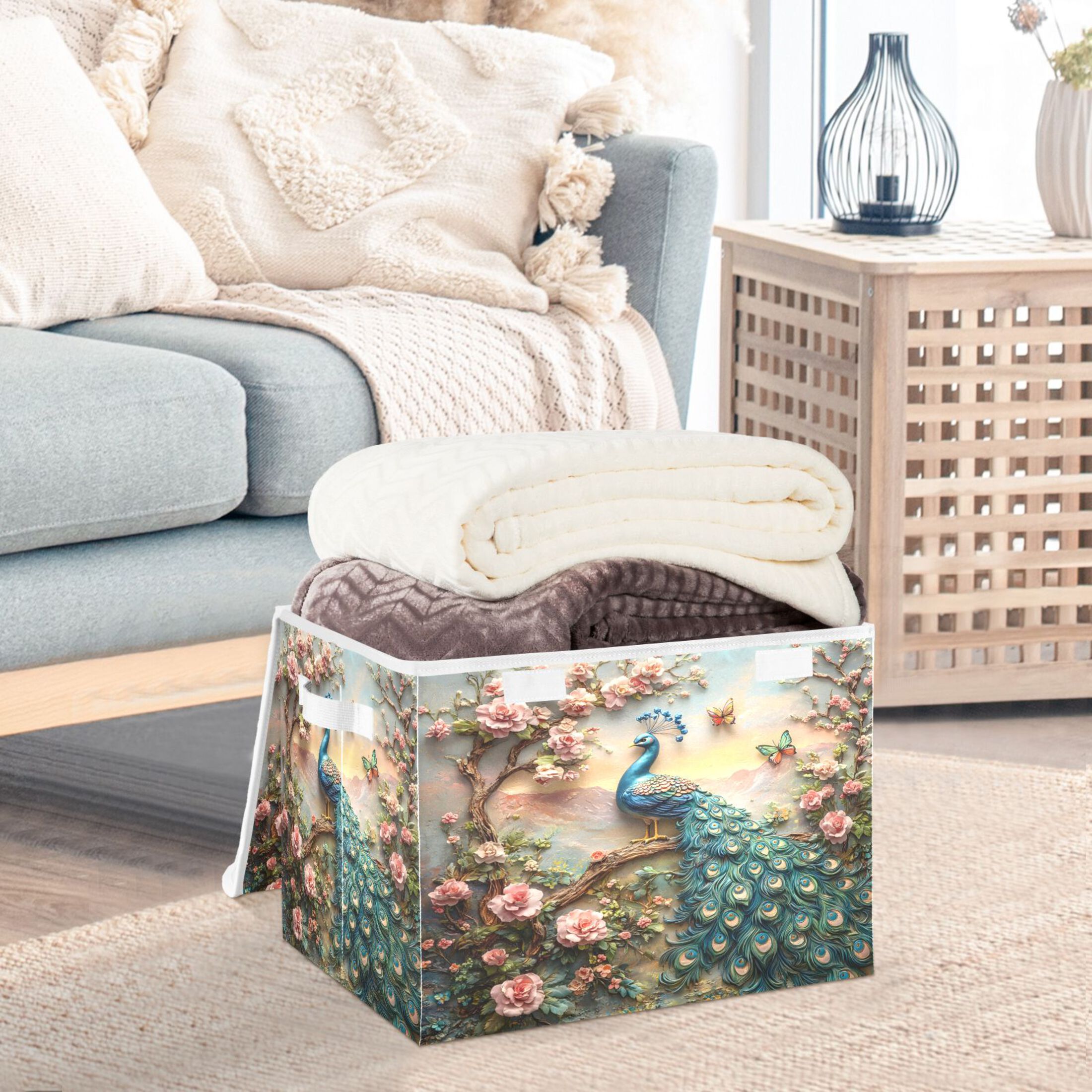 Ryvnso Peacock Butterfly Floral Large Lidded Foldable Storage Baskets Cubes Boxes Lids Bin for Home