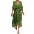 thumbnail image 3 of Women Plus Size Maxi Dress Short Sleeve Wrap V Neck High Low Split Ruffle Long Dress Green XXL, 3 of 6