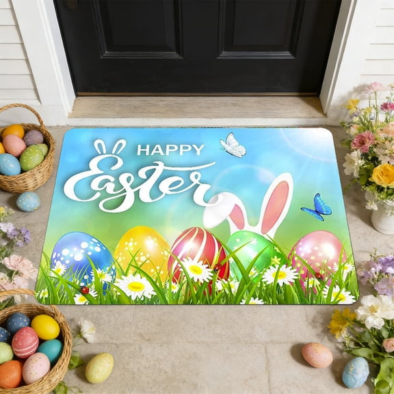 Wooowa Easter Themed Welcome Doormat, Absorbent Non Slip Entryway Mat, Durable Outdoor Indoor Mat, Front Door Entryway Porch Decor, Easter Spring Home Outdoor Indoor Decoration