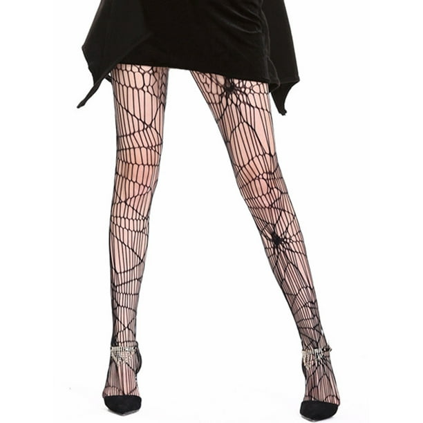 Womens Black Spider Net Distressed Pantyhose Halloween Tights
