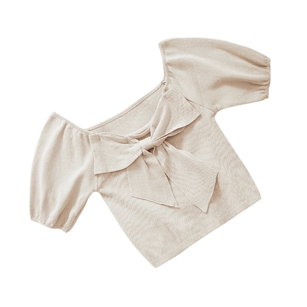 Qarigey Camisa de punto Bowknot Camiseta de color sólido Manga corta Top fino de verano Prendas para la parte del cuerpo Albaricoque