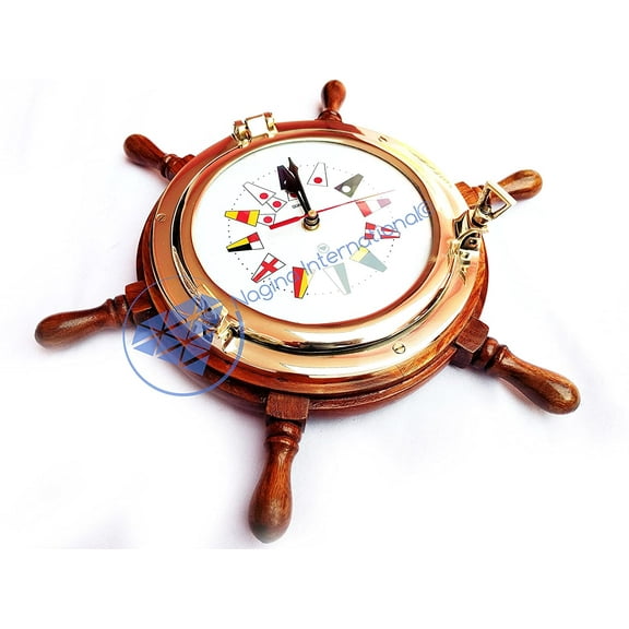 Nagina International 13" Nautical Ship Wheel with Porthole Flag Style Clock Fitted - Pirate Home Decorative Wall Hanging