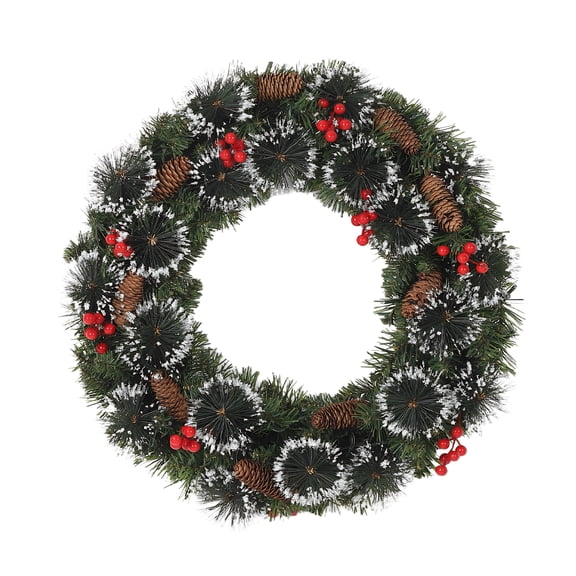 Christmas Pine Wreath with Pinecones & Berries, Artificial Holiday Wreath with Warm White LED Lights, Front Door Decor for Home