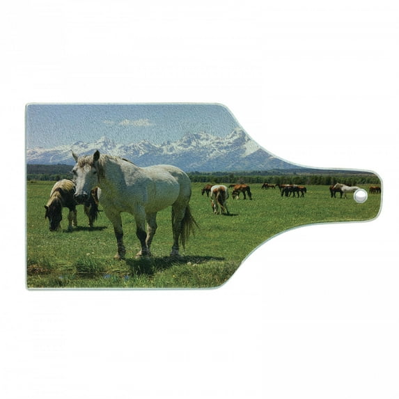 National Parks Cutting Board, Design Snowy Idyllic Mountain Peaks Horse Art Prints, Decorative Tempered Glass Cutting and Serving Board, Wine Bottle Shape, Multicolor, by Ambesonne