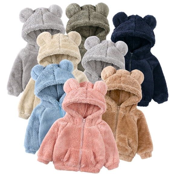 Emy Dola Toddler Kids Fleece Hooded Jacket Coat with Ears Zipper Lightweight Long Sleeve Thick Warm Outerwear For 1-7 Years Boy Girls