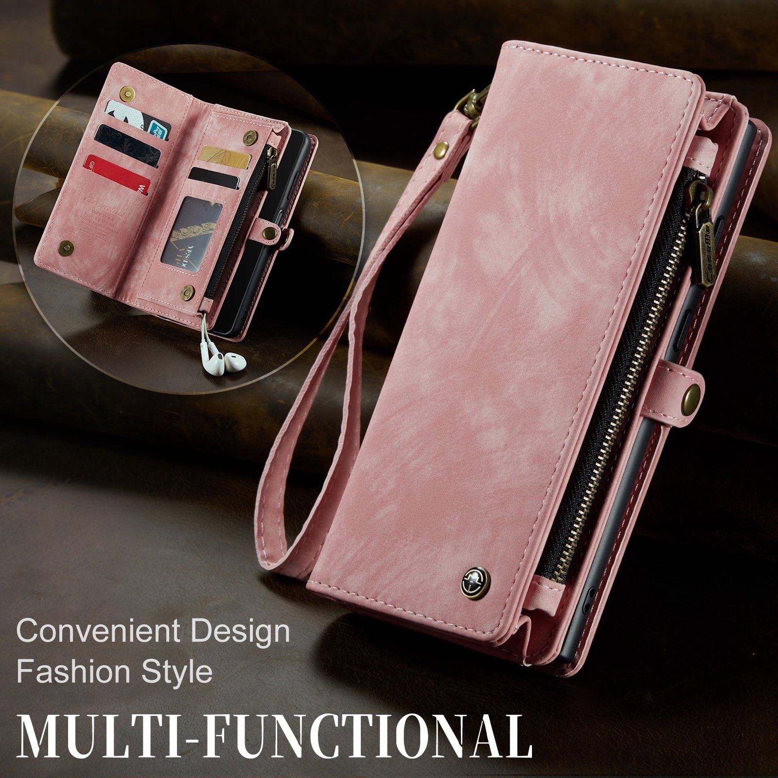 for Samsung Galaxy A16 5G/4G Premium PU Leather Folding Case, Multiple Card Slots Design, Wrist Strap Zipper Pocket Kickstand Magnetic Snap, Wireless Charging for Samsung Galaxy A16 5G/4G, Pink