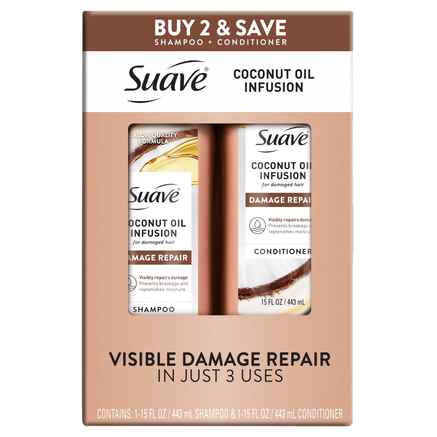 (4 pack) Suave Coconut Oil Infusion Shampoo & Conditioner Value Set for Damaged Hair, 15 fl oz Each