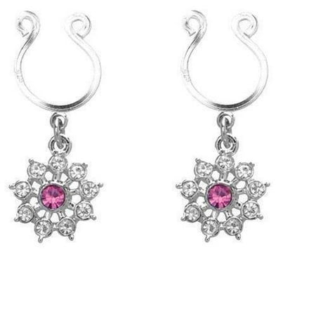 - Nipple Ring Bars CZ Rhinestone Flower Dangle Non Pierce sold as pair